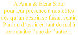 A Anna & Elena Sibul pour leur présence à nos côtés  dès qu’un besoin se faisait sentir.  Pardon d’avoir eu tant de mal à  reconnaitre l’une de l’autre…