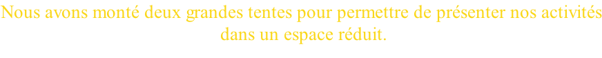 Nous avons monté deux grandes tentes pour permettre de présenter nos activités  dans un espace réduit.