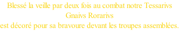 Blessé la veille par deux fois au combat notre Tessarivs  Gnaivs Rorarivs  est décoré pour sa bravoure devant les troupes assemblées.